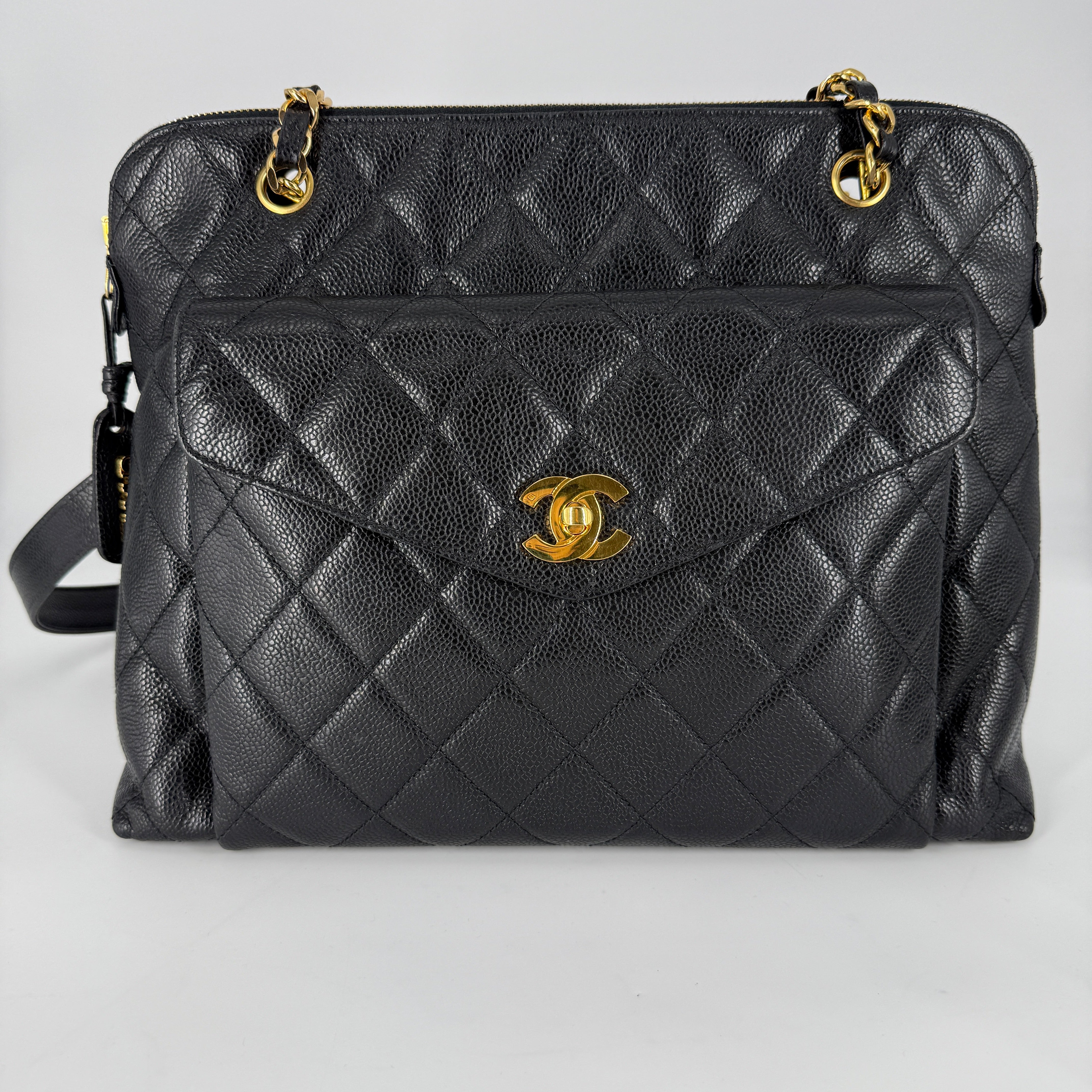 Quilted Caviar Tote Bag – Black
