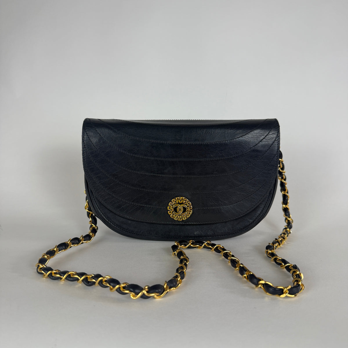 Vintage Half Moon Hobo — Black Leather — 24K Gold-Plated Hardware