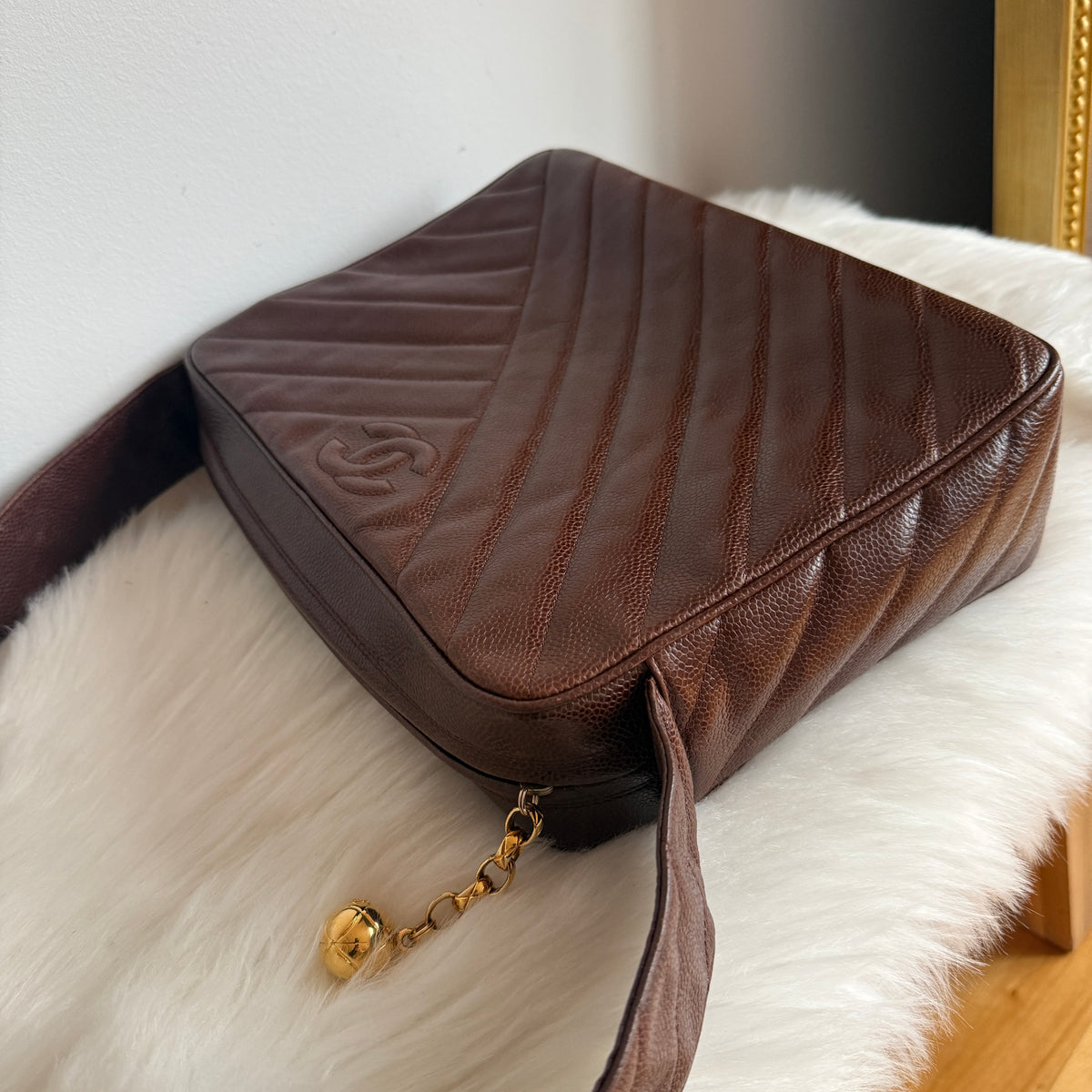 Vintage Chevron Camera Bag — Dark Chocolate Brown Caviar Leather — 24K Gold-Plated Hardware