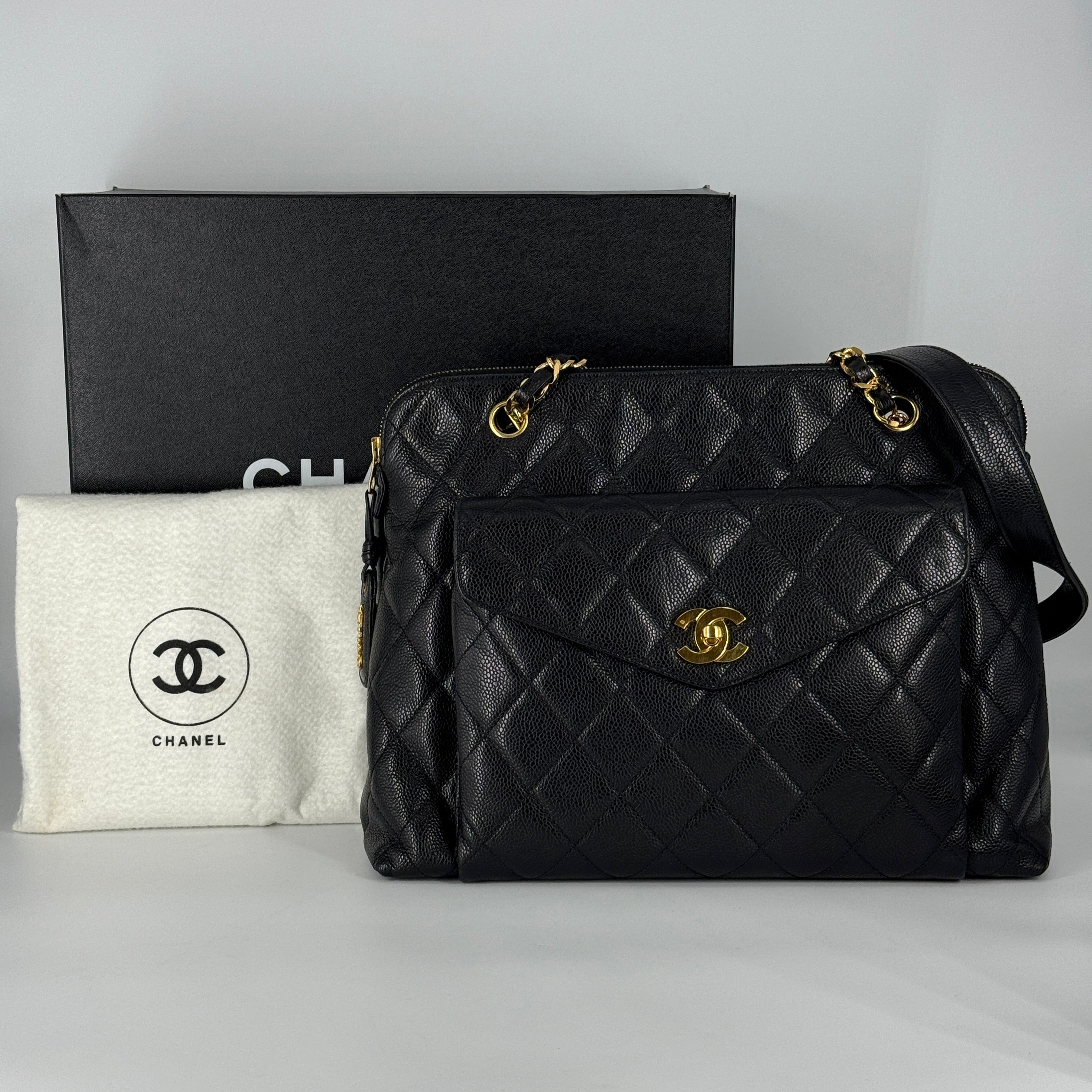 Quilted Caviar Tote Bag – Black