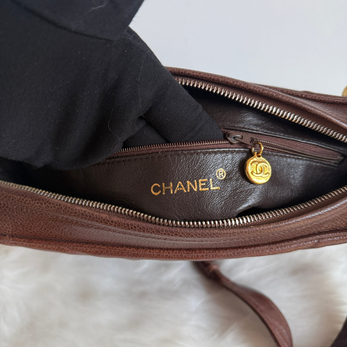 Vintage Chevron Camera Bag — Dark Chocolate Brown Caviar Leather — 24K Gold-Plated Hardware